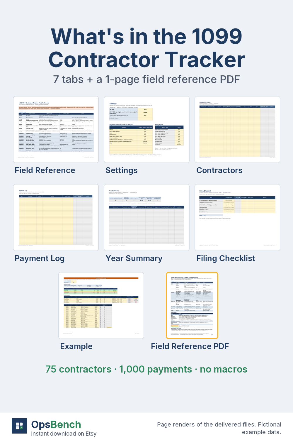 Thumbnails of the seven spreadsheet tabs and the one-page field reference PDF included in the download