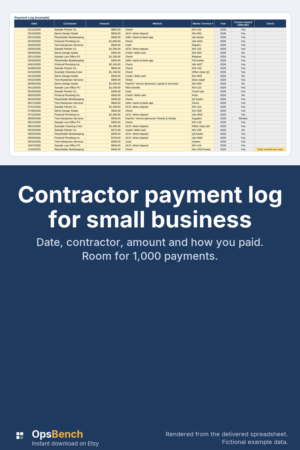 Payment log from the example tab with dates, contractor names, amounts, payment methods and whether each counts toward 1099-NEC, fictional data