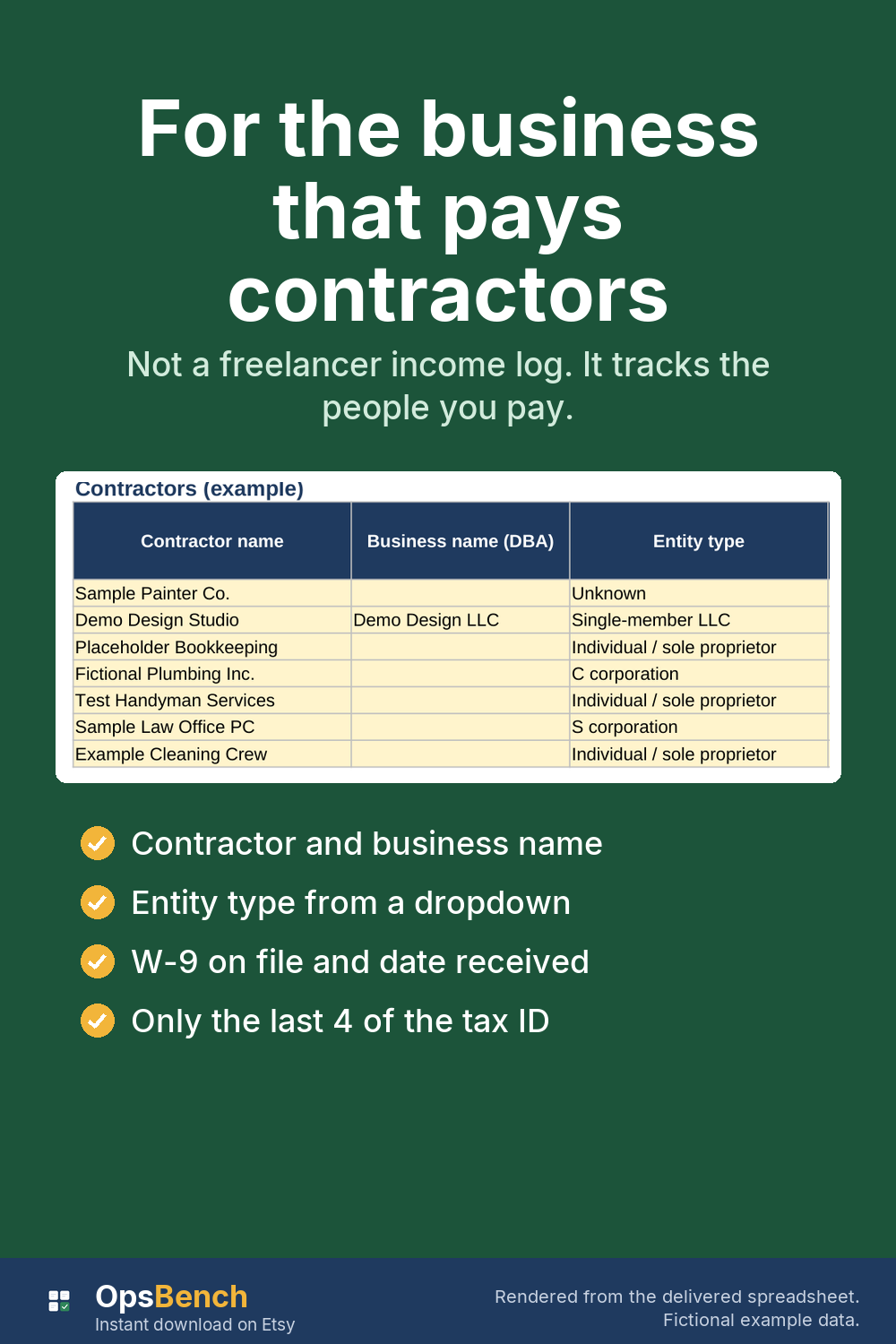 Contractors tab from the example with contractor name, business name and entity type columns, fictional data