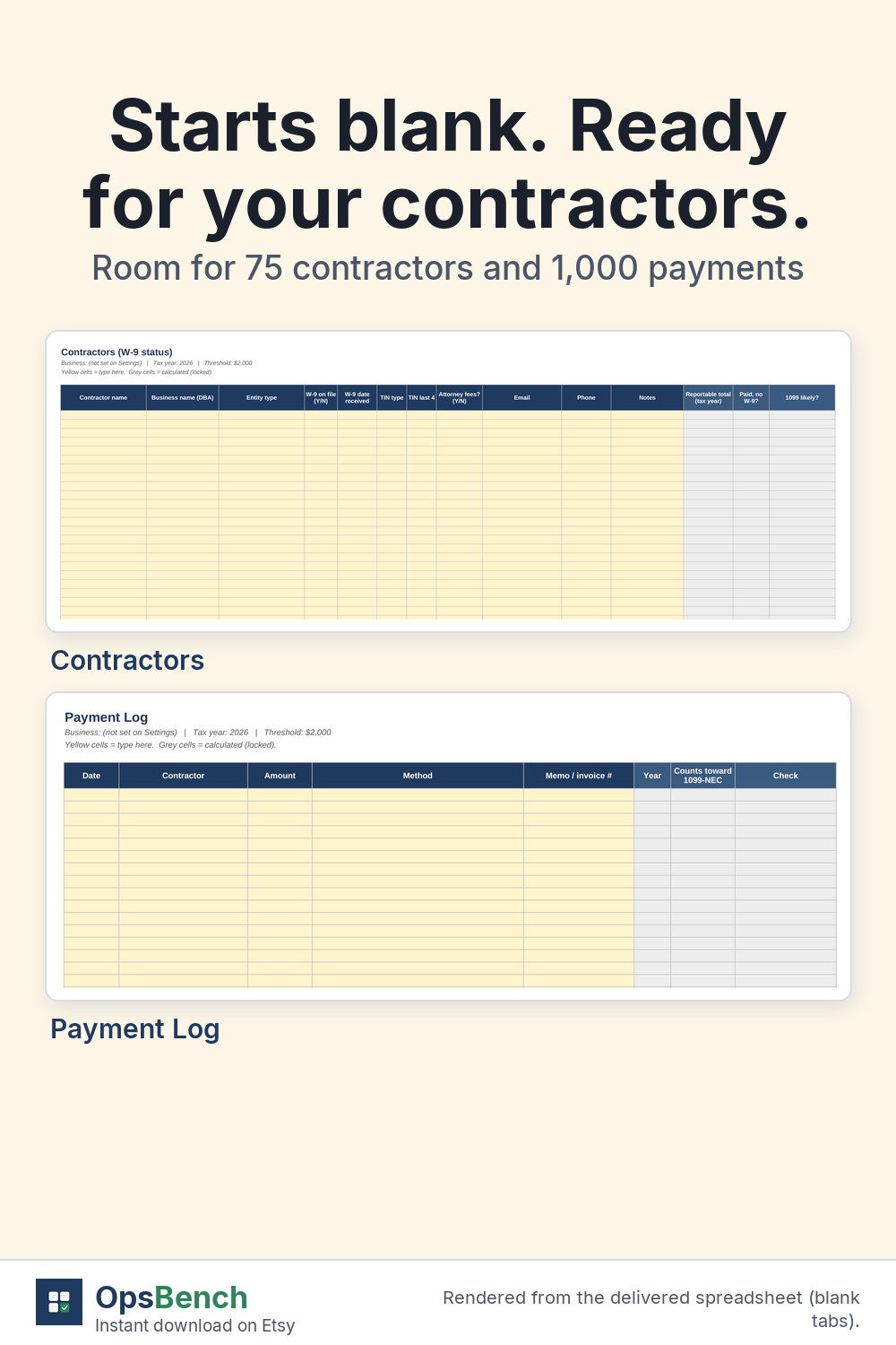 Blank Contractors and Payment Log tabs with yellow input cells, as delivered in the download