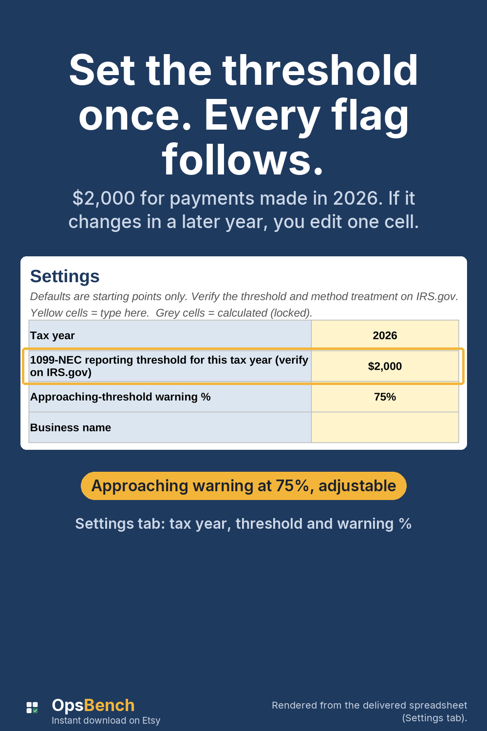 Settings tab with tax year 2026, the 1099-NEC reporting threshold of $2,000 outlined, and an approaching-threshold warning of 75%