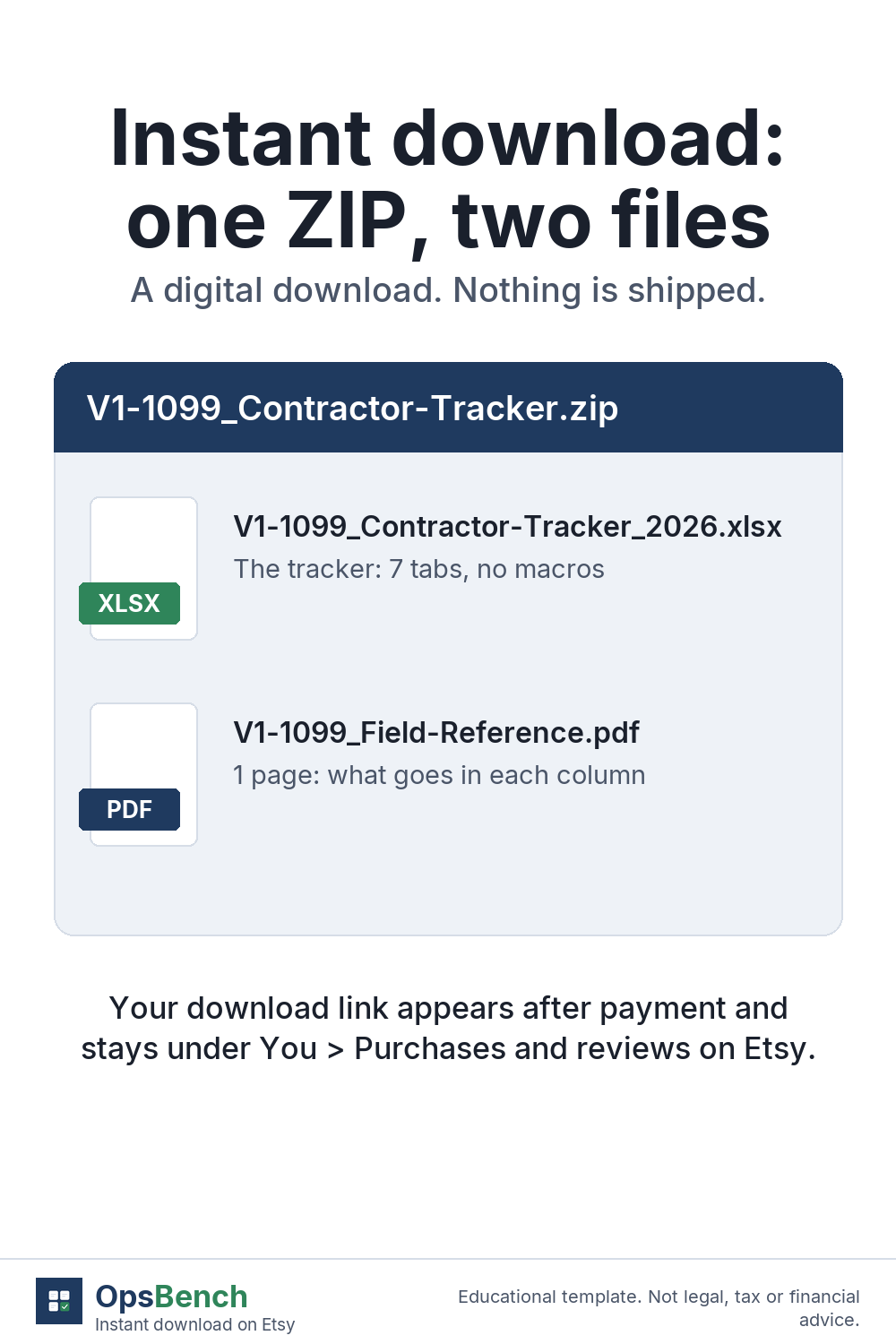 Graphic of one ZIP file containing the tracker spreadsheet and a one-page field reference PDF