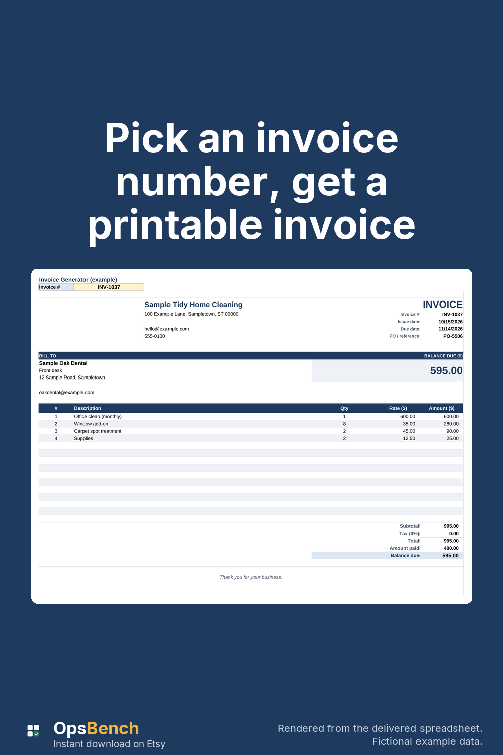 Example printable invoice from the spreadsheet with client details, line items and a balance due, fictional data