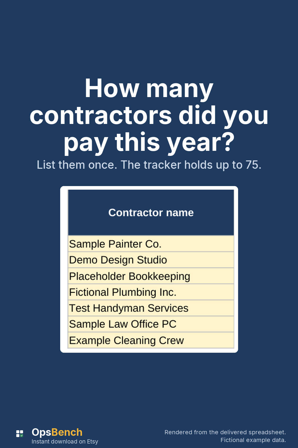 A list of seven example contractor names from the spreadsheet's Contractors tab, fictional data