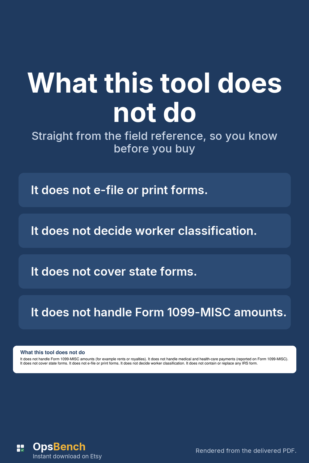 Four statements of what the tool does not do, quoted from the field reference PDF, with the original paragraph below