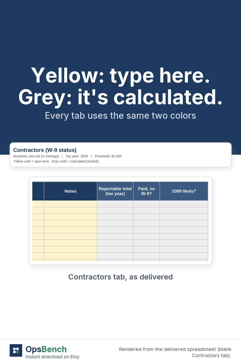 Blank Contractors tab showing yellow input cells next to grey calculated columns, with the note Yellow cells = type here