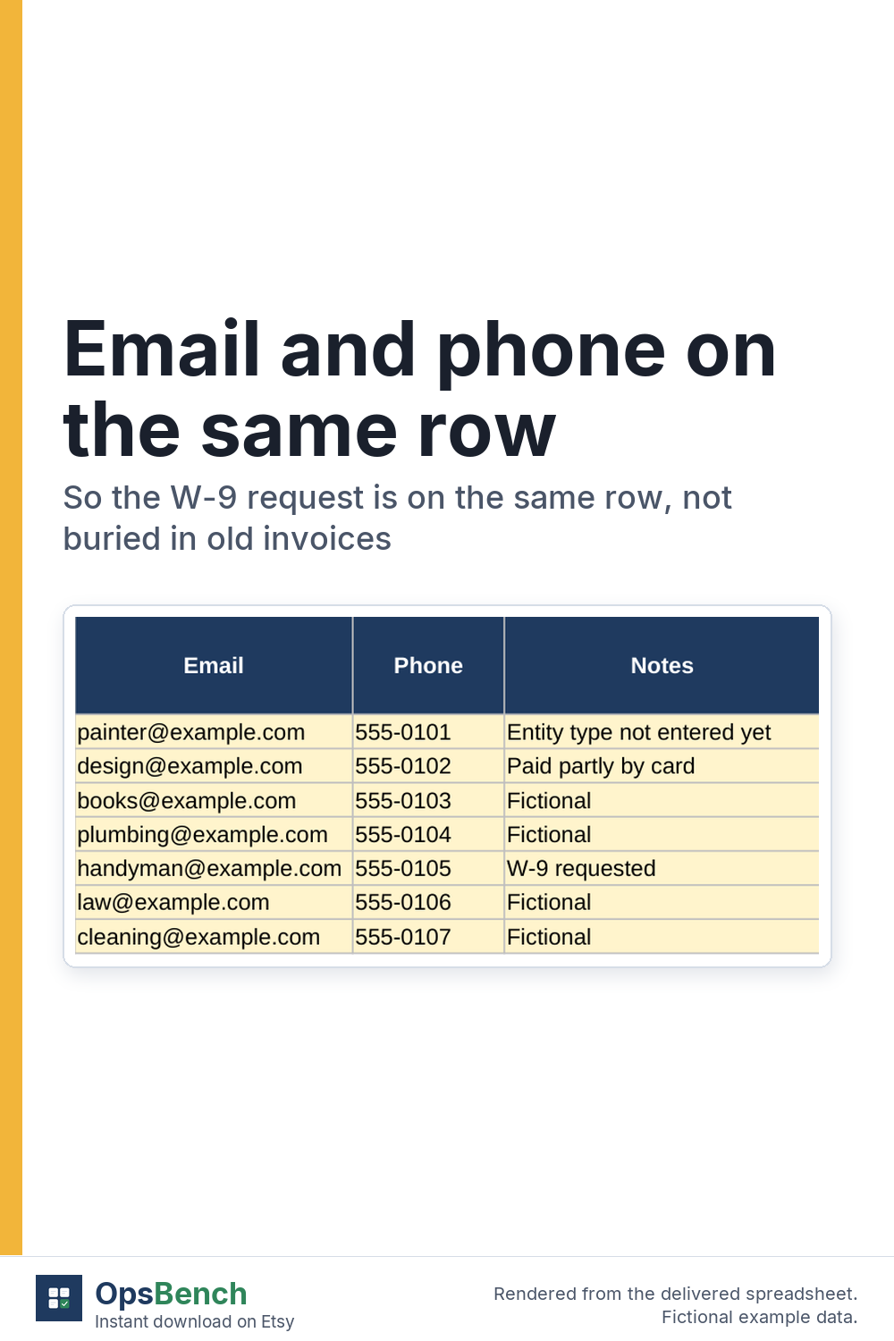 Email, phone and notes columns from the Contractors tab, with one note reading W-9 requested, fictional data