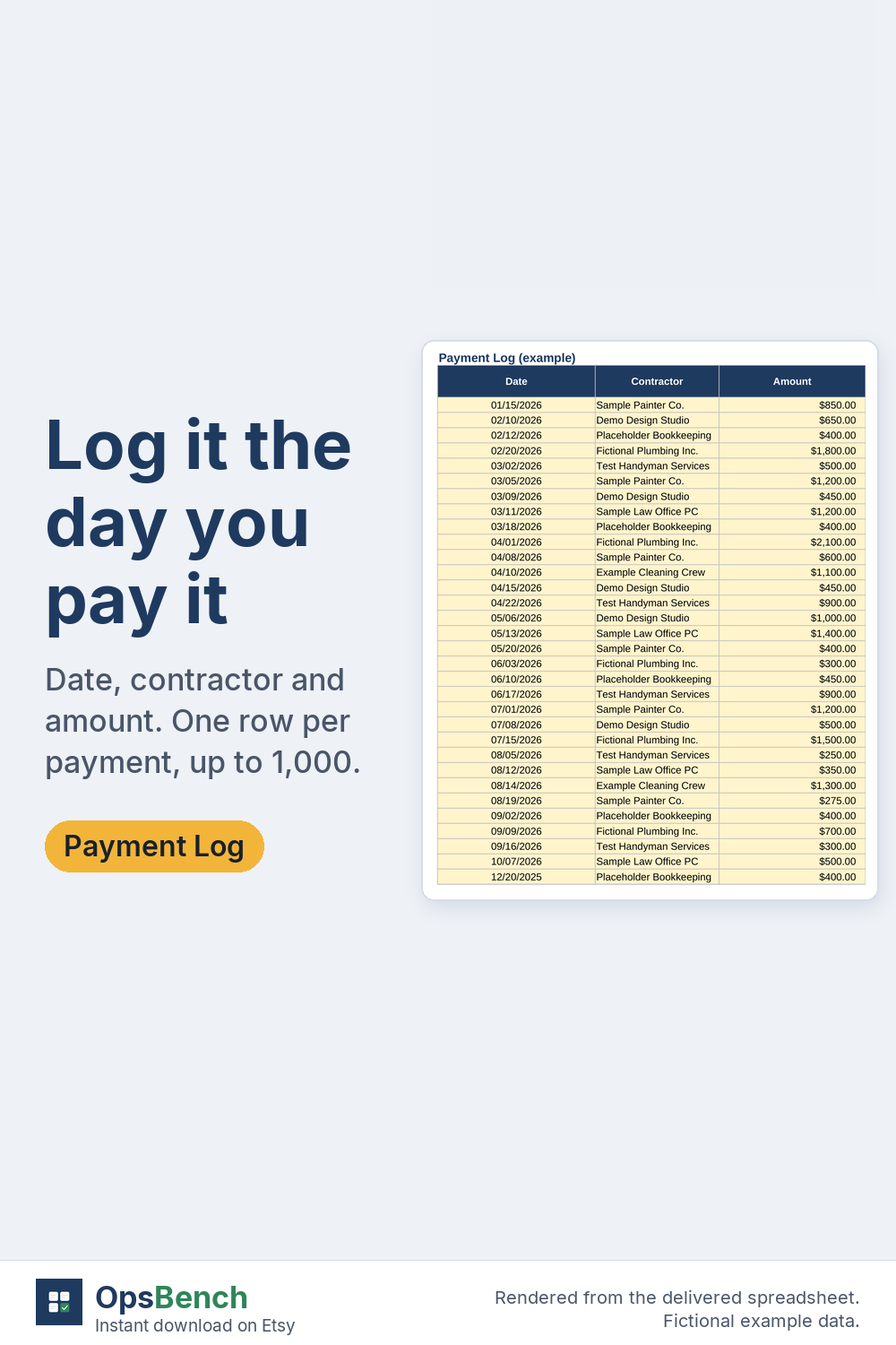 Tall payment log crop with dates, contractor names and amounts for 2026, fictional data