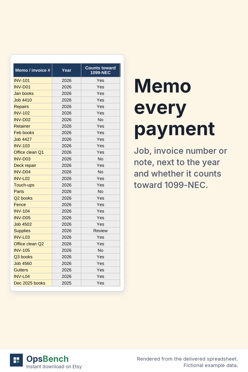 Memo, year and counts toward 1099-NEC columns from the payment log, with job and invoice notes, fictional data